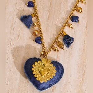 Gold and Blue Denim Puff Heart Pendant Long Rolo Chain Statement Necklace